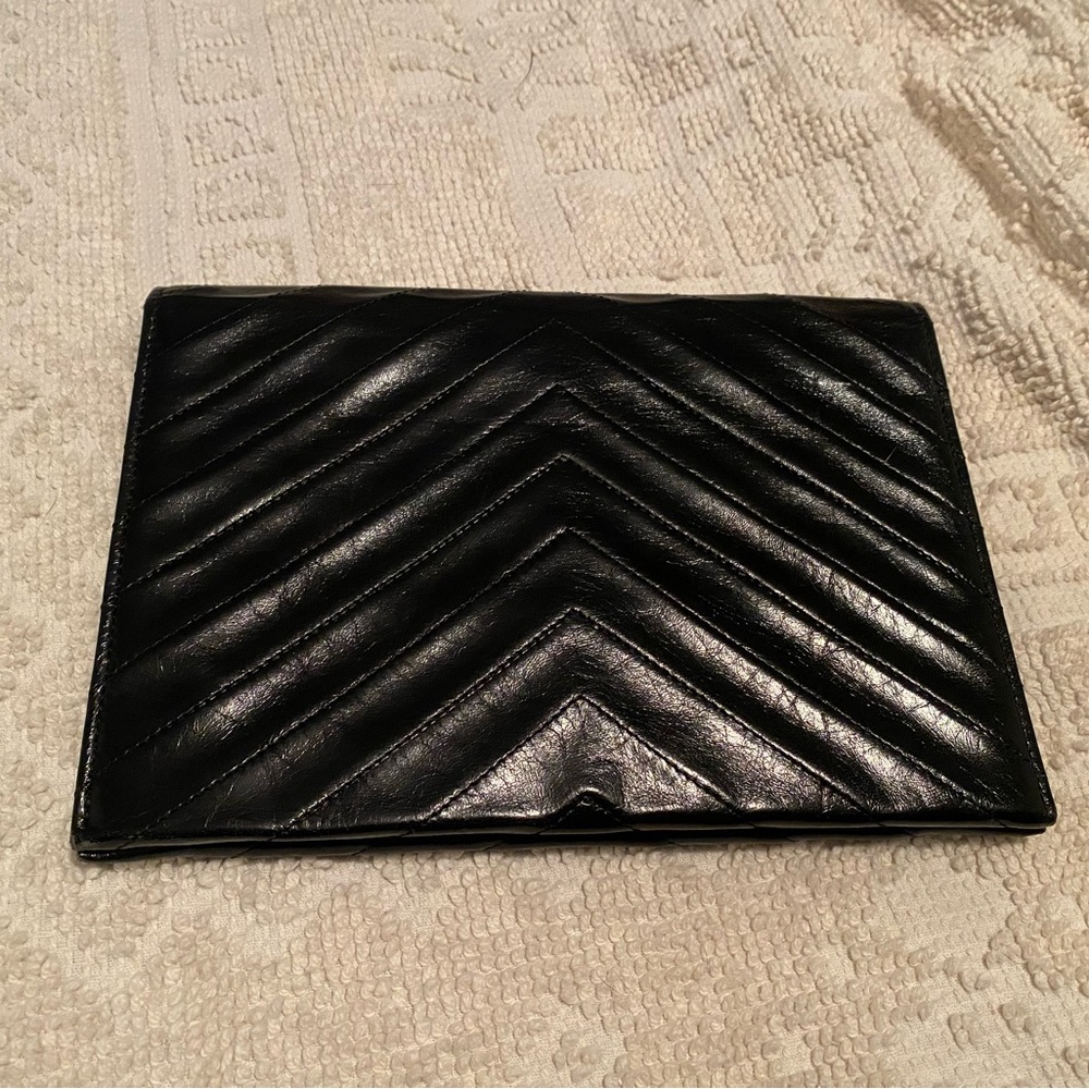 Yves Saint Laurent Black Leather Chevron Pouch Envelope Clutch - Picture 9 of 16